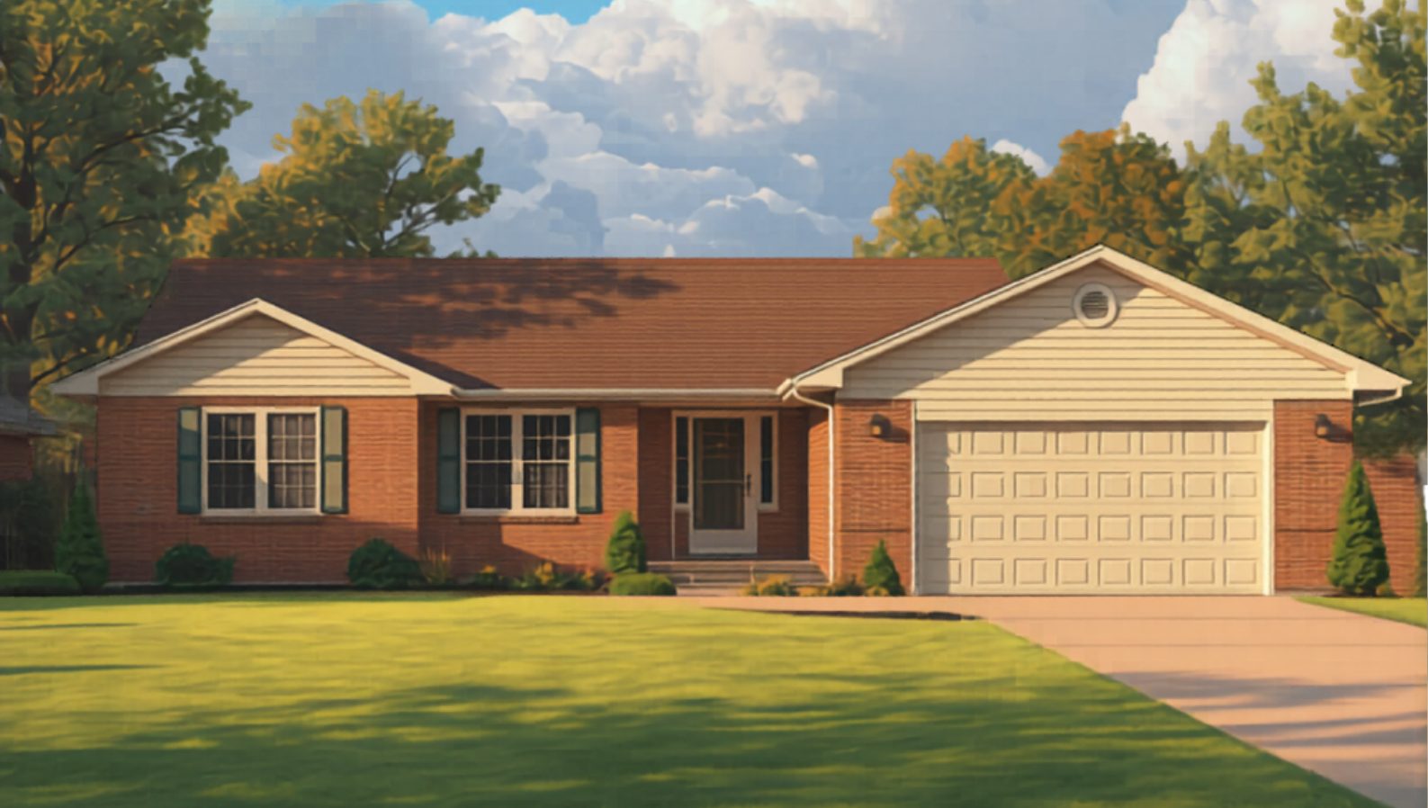 Brick ranch style home with attached garage, large front yard, and single-level layout under a bright blue Iowa sky.