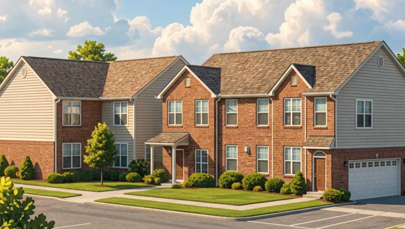 Brick condominium building with shared parking area, landscaped lawn, and multiple private entrances under a sunny sky.