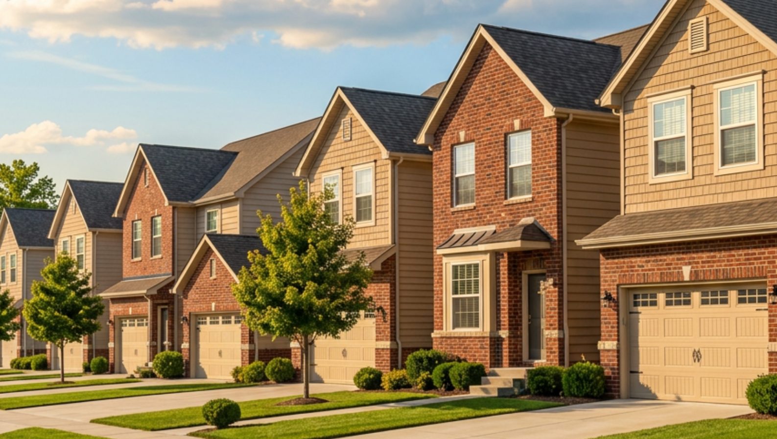 Row of modern townhomes with attached garages, landscaped sidewalks, and shared walls in a suburban neighborhood.