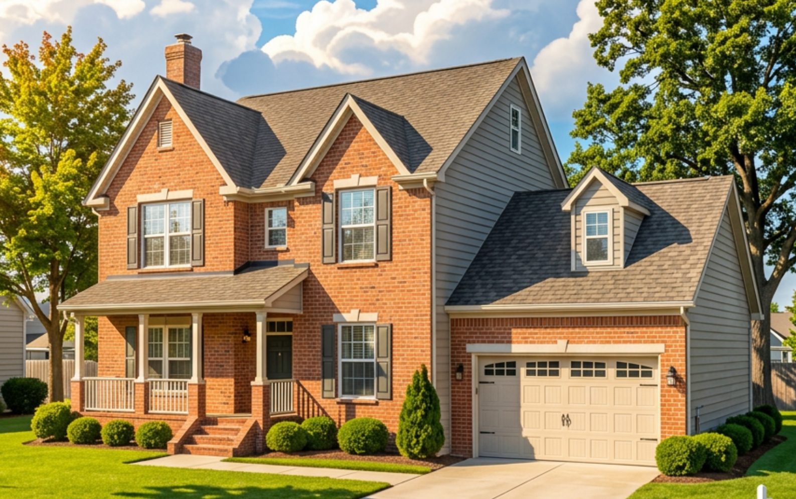 Two-story brick and siding home with attached garage, covered front porch, and manicured lawn in a residential neighborhood.