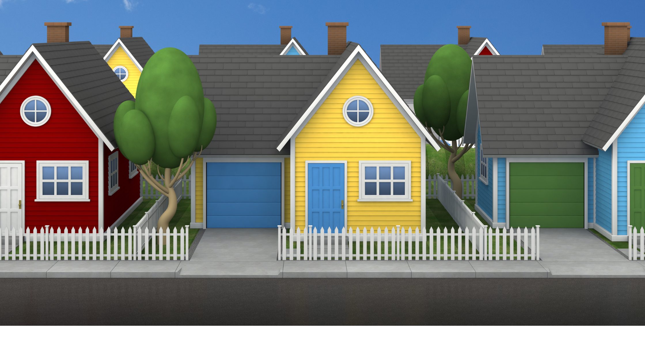 Colorful row of different style homes with text reading “Which Type of Home Fits Your Lifestyle?” promoting a real estate blog about ranch, split-level, two-story, condo, and townhome living.