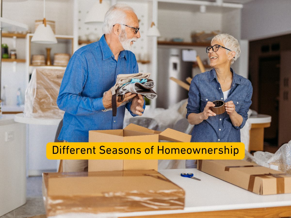 Older couple packing moving boxes and preparing for a new chapter in their homeownership journey, representing different seasons of homeownership.