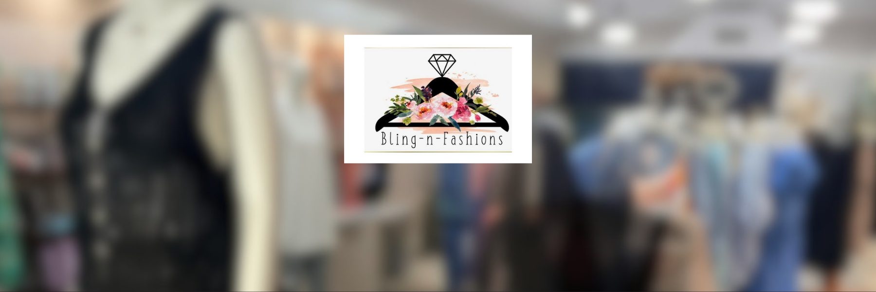Bling-N-Fashions logo displayed over a blurred clothing boutique interior celebrating the business reopening in downtown Le Mars, Iowa.