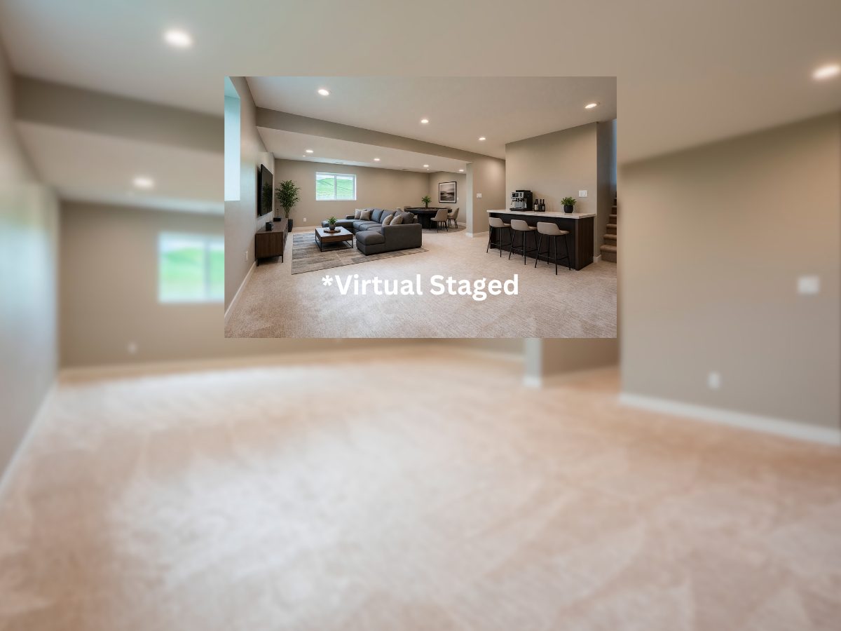 Virtually staged lower-level family room in a new construction home showing furniture and a pool table.
