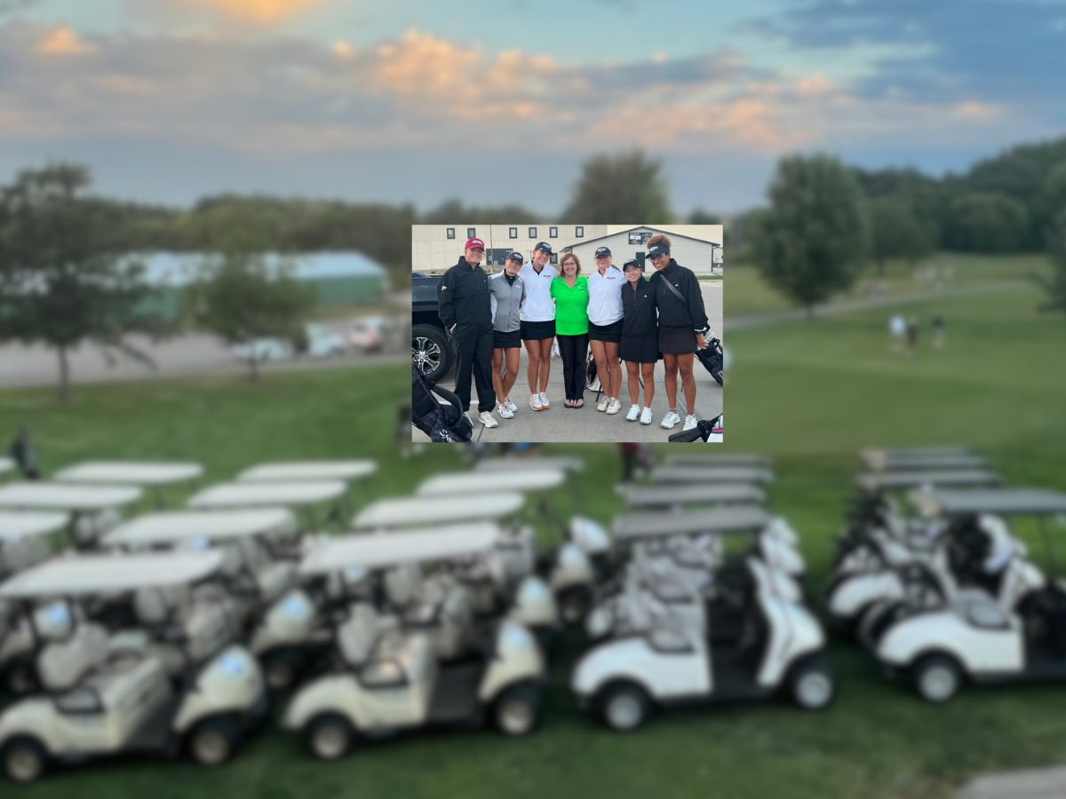 Julie Hurt with college golfers at the Northwest Iowa National Invitational at Willow Creek Golf Course in Le Mars, Iowa