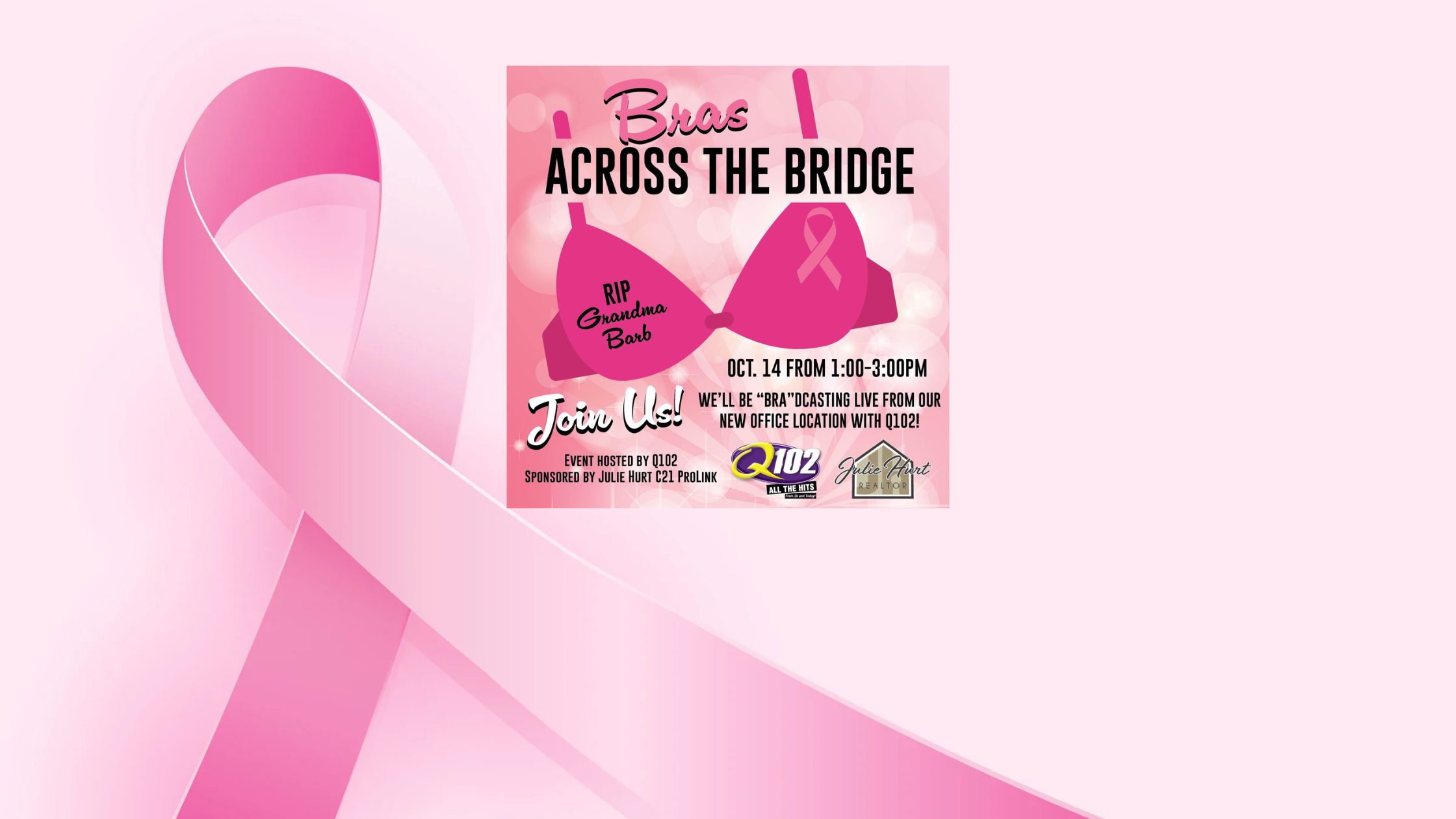 Bras Across the Bridge breast cancer awareness event graphic for October 14 featuring a pink ribbon and event information